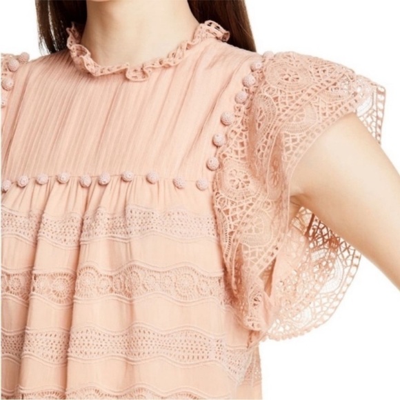 Ulla Johnson Nora Blush Pink Crochet Trim Pom Pom Flutter Sleeve Trapeze Dress - Picture 3 of 13